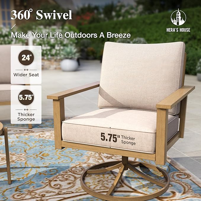 HERA'S HOUSE Patio Furniture Set 5-Piece, Metal Outdoor Conversation Set with Wood Grain Finish, 2 x Swivel Chair, 1 x 3-Seat Sofa, 2 x Multi-Functional Coffee Table for Garden Deck Backyard
