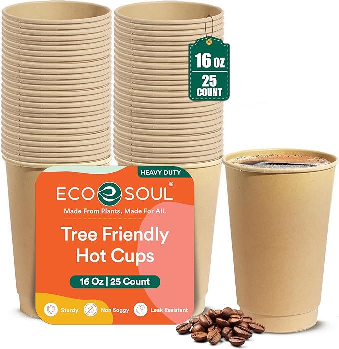 ECO SOUL 100% Compostable Plant-Based 16oz Hot Cups | (25 Count, 16 oz Hot Cups) | Disposable Bagasse Paper Cups | Eco-friendly Cups | Sturdy, Microwave & Oven Safe