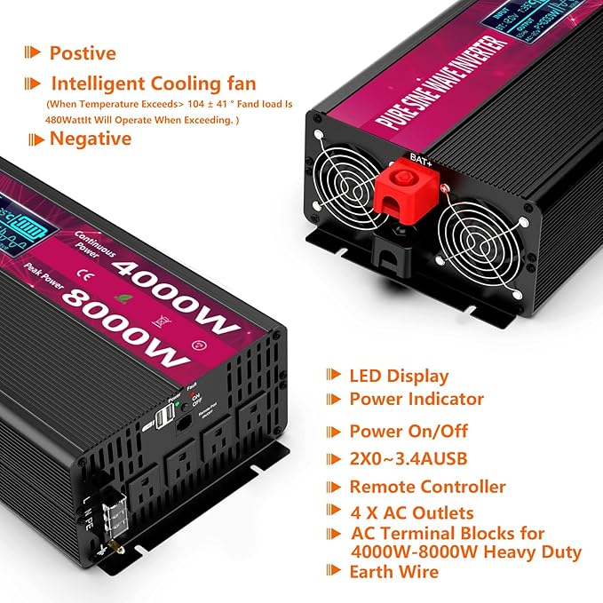 Pure Sine Wave Power Inverters 4000W 12V DC to AC 110V 120V Peak 8000W with Remote Control 4 Outlets,Dual USB Port,LED Display Terminal Blocks for Inverter Truck RV Car Solar System
