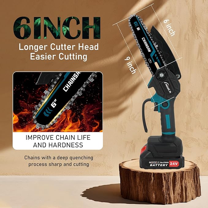 6-Inch Mini Chainsaw, Cordless Handheld Electric Chainsaw with 2x 24V 4000mAh Batteries & 2 Chains, Lightweight & Portable, for Tree Trimming, Wood Cutting, Gardening, Outdoor & Household Use (Blue)