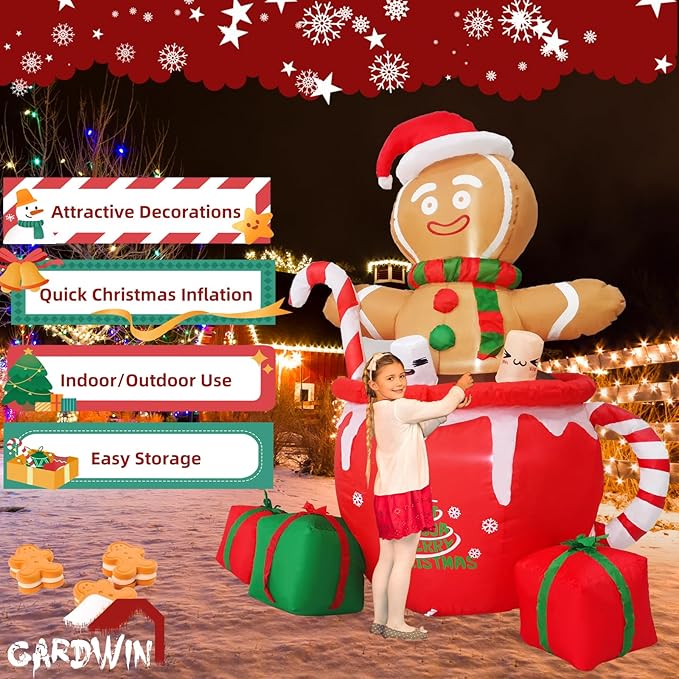 Gardwin 6ft Gingerbread Christmas Inflatable Outdoor Decoration, Christmas Outdoor Decoration Blow up Gingerbread Mug Yard Decorations Clearance with Built-in LEDs for Indoor Garden Lawn Party Decor