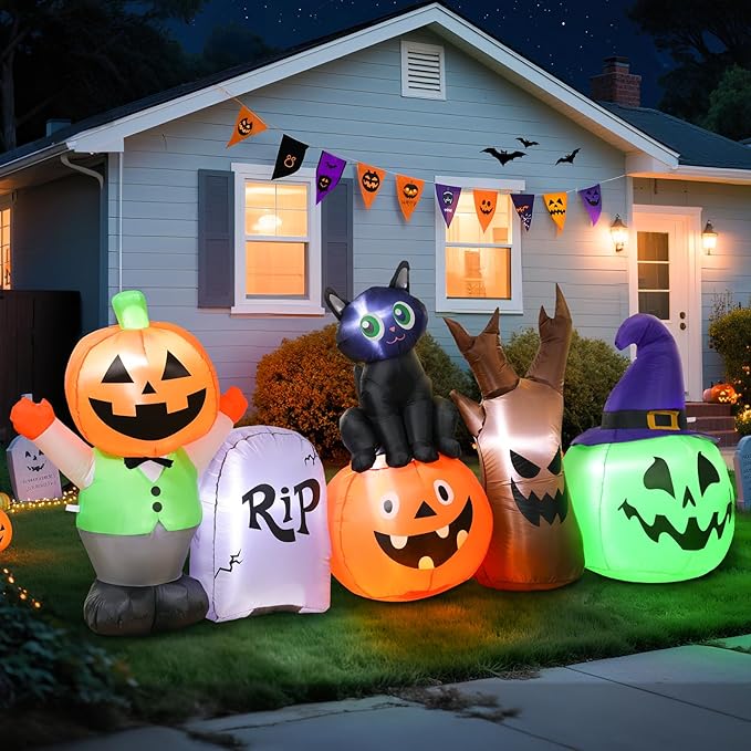 Halloween Inflatables Outdoor Decoration, 8.5ft Pumpkin/Tombstone/Black Cat/Ghost Tree, Cute Blow Up Yard Decor, for Outside Garage Door Graveyard Yard Porch Lawn (8.5ft Pumpkin+Black Cat)