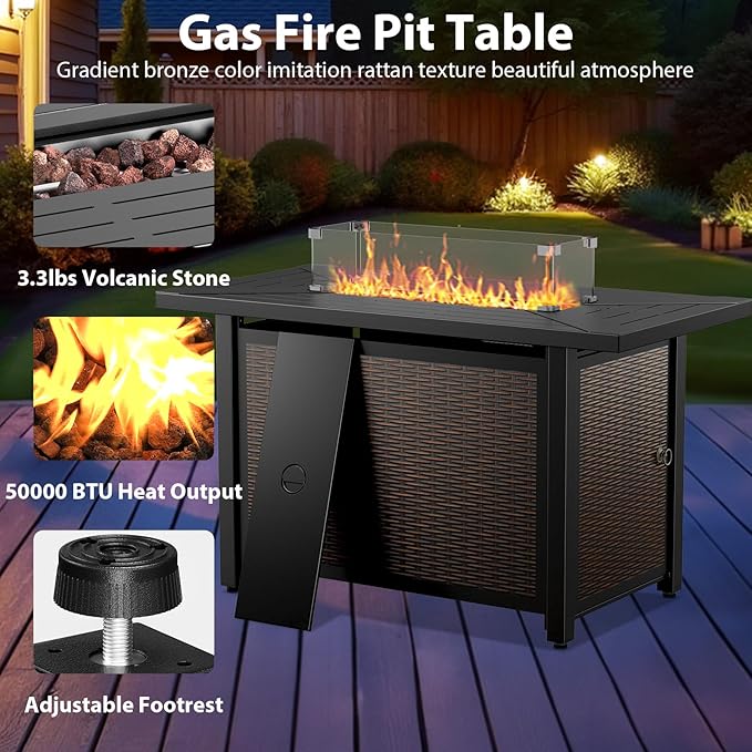7 Piece Patio Furniture Set with Fire Pit Table - Wicker Patio Conversation Set with Swivel Glider, 3 Seat Sofa, Side Table and 2 Ottomans for Deck Backyard - Brown Wicker Grey Cushion