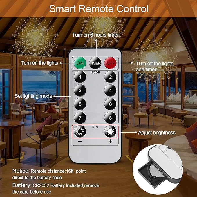 4 Pack String Lights - 225 LED 8 Modes Dimmable with Remote Control, Waterproof Copper Wire Decorative Hanging Bursting Star Lights for Party, Patio, Garden Decoration (Warm White)