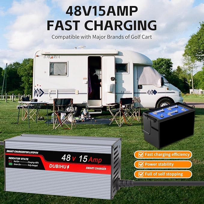 58.4V 15A LifePo4 Lithium Battery Charger for Golf Cart, RV, 48V Motor,Anderson Plug, Includes Anderson Plug to M8 Ring Terminal Cable and Anderson Plug to Alligator Clip Cable