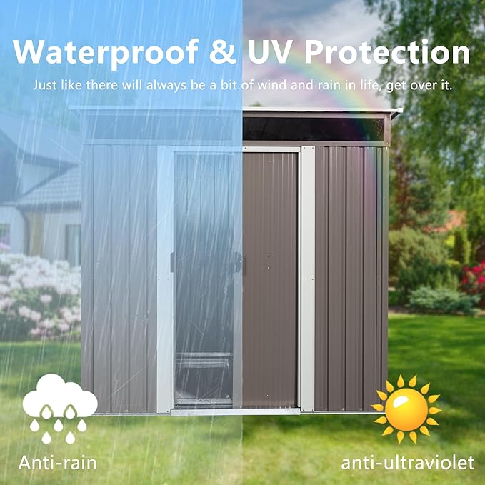 Favfurish 6Ft x 5Ft Outdoor Metal Storage Shed, Weatherproof Garden Shed with Double Sliding Doors and Padlock, Transparent Plate, Punched Vents, Utility Tool House for Lawn Backyard, Gray