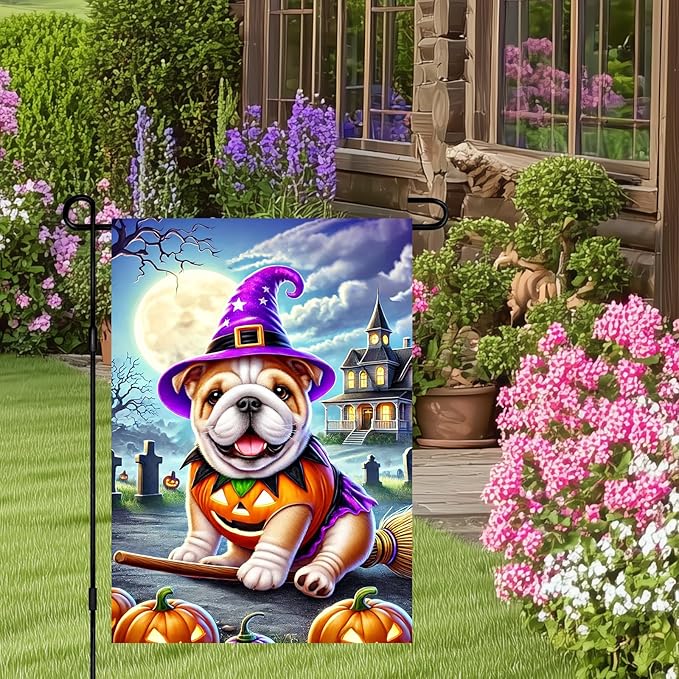 Halloween Pug Garden Flag, Scary Dog in Witch Hat and Pumpkin Costume, 12x18" Double Sided Small Halloween Flag Outdoor Yard Lawn Decoration