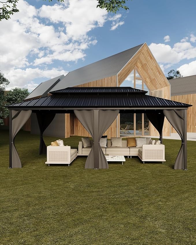 GAOMON Hardtop Gazebo 12'x20' for All Weather, with Double Metal Roof, Aluminum Alloy Frame, Net, and Curtain, Permanent Building of Backyard Luxury for Patio, Deck, Backyard, Lawn, and Garden, Gray