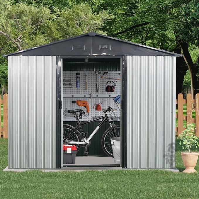 Ball & Cast 8x4FT Outdoor Storage Shed,Large Metal Tool Sheds with Window and Foundation,Garden Tool House W/Tilted Roof & Lockable Door,for Backyard Garden Patio Lawn,White+Black