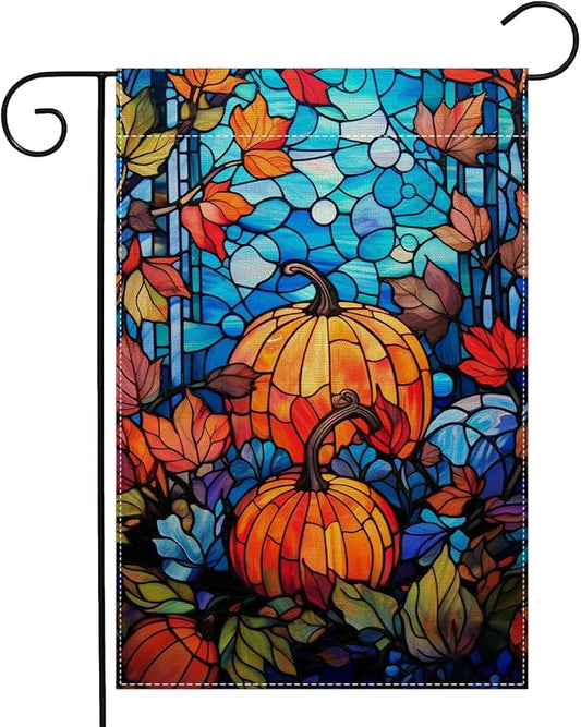Garden Flags, Garden Flag, Stained Glass Style Pumpkin Maple Leaf Double-Sided Flags for Farmhouse Yard Outdoor Decoration-12 x 18inch (Pumpkin)