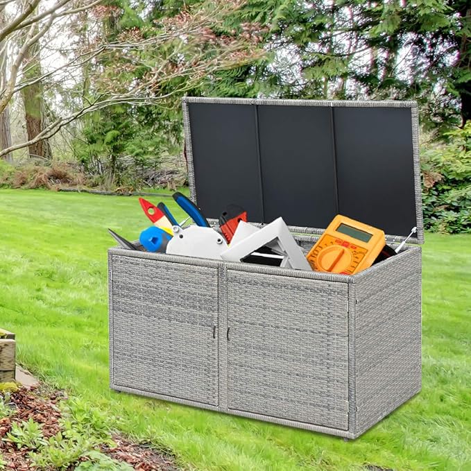 Tangkula Outdoor Wicker Storage Box, Garden Deck Bin with Steel Frame, Rattan Storage Box with Lid, Ideal for Storing Tools, Accessories, 88 Gallon Capacity (Grey)