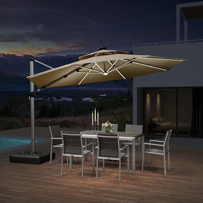 PURPLE LEAF 12ft Patio Umbrella With Base Solar powered LED Cantilever Umbrella with LED lights Windproof Outdoor Offset Umbrella for Garden Deck Pool Patio, Beige