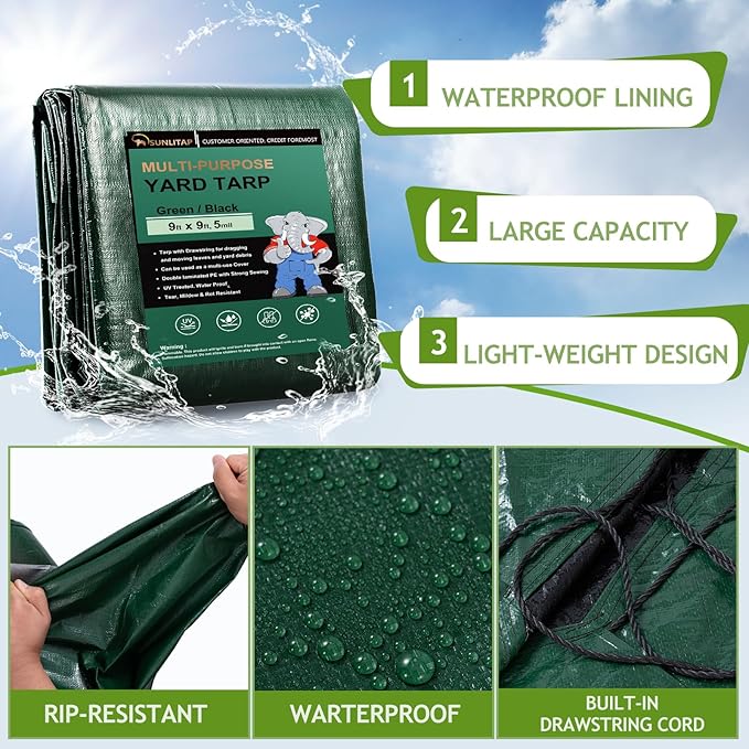 Leaf Tarp 9x9 Ft, Lawn Garden Leaf Tarp with 4 Drawstrings, Reusable Waterproof Poly Tarp Yard Waste Bags, All Purpose Protective Cover for Bikes, Furniture Cover, Tent Footprint