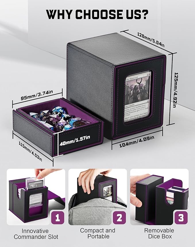 ZLCA MTG Commander Deck Box with Display Window, Deck Box Holds 100 Double-Sleeved with Dice Tray & 35pt Magnetic Card Holder（Black& Purple）