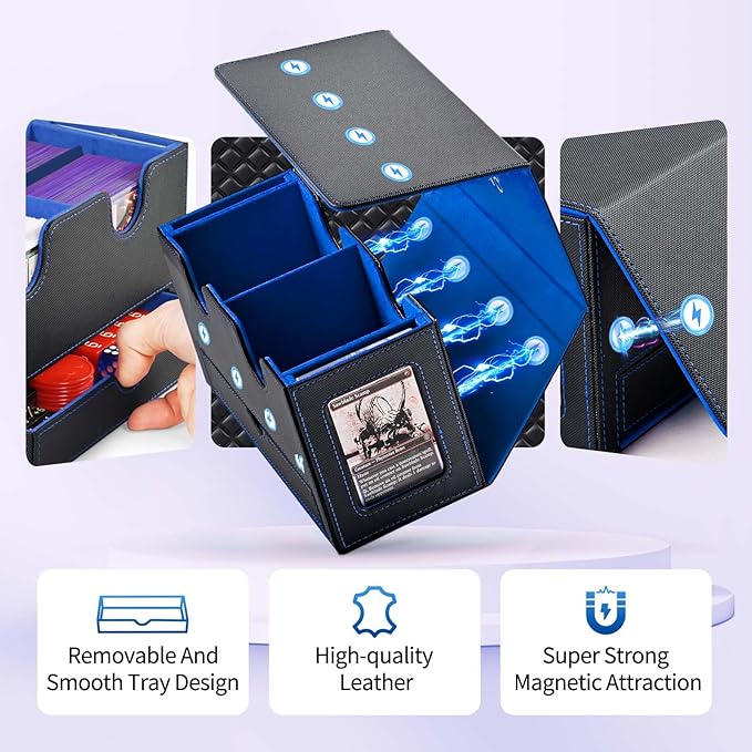 Card Deck Box for MTG, Double Deck Storage Box with 2 Commander Display & 1 Dice Tray, Fits 200+ Double Sleeved, Card Organizer for CCG TCG Sports (Black Blue)
