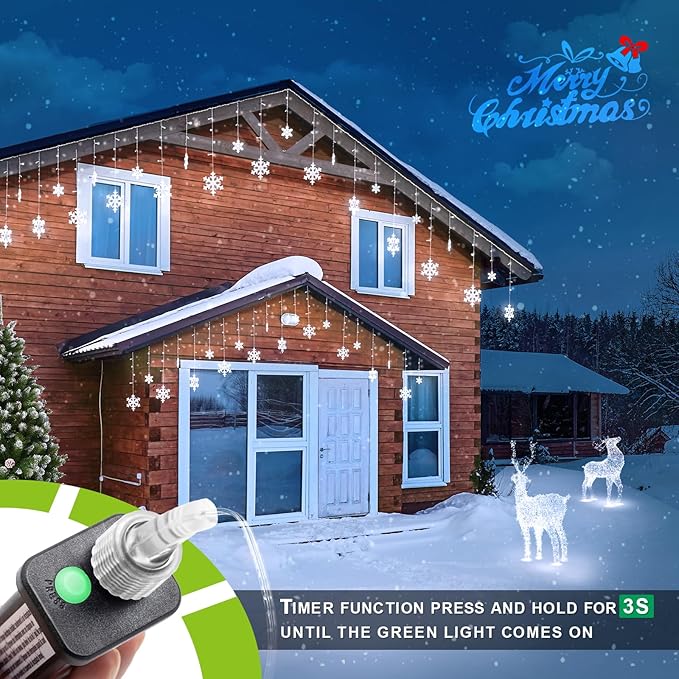 Christmas Snowflake Lights, 11.48ft Outdoor Led Icicle Christmas Lights with 14 Drops, Waterproof Snowflake Emit Cool White Lighting for Eaves, Window, Curtain Xmas Decorate