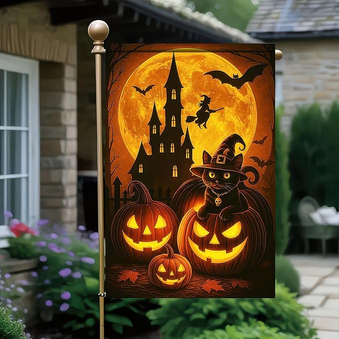 Happy Halloween Garden Flag 12x18 Inch Double Sided Black Cat Flags Pumpkin Witch Haunted Castle Banner Moon Bat Spooky Small Yard Flag for Halloween Outdoor Decoration