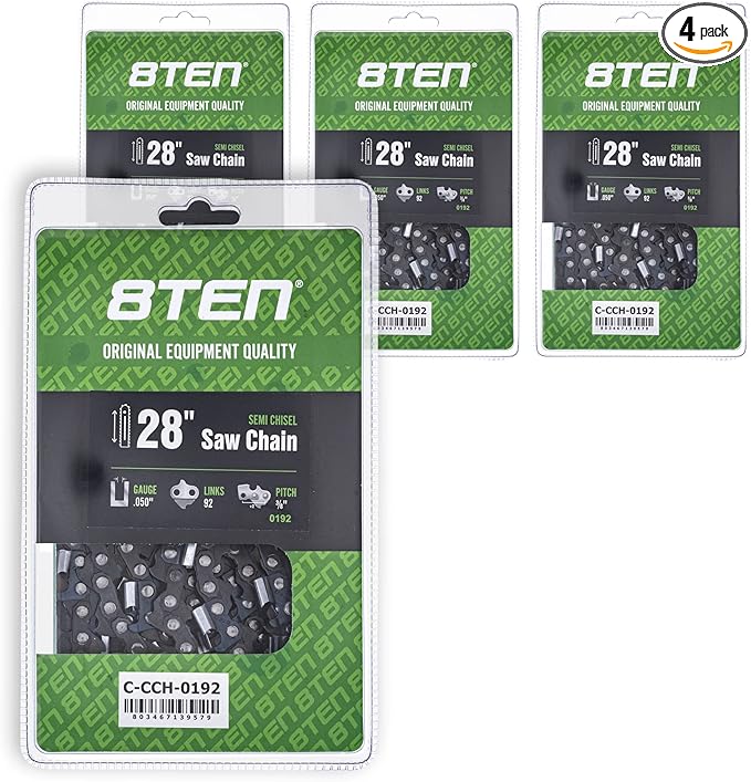 8TEN Semi Chisel Chainsaw Chain 28 Inch .050 3/8 92 DL For McCulloch Pro Mac 800 (4 Pack)