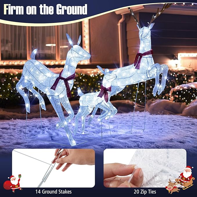Tangkula 3-Piece Christmas Lighted Reindeer Family Set, Xmas Pre-Lit Reindeer with 255 Cold White LED Lights, Ground Stakes & Zip Ties, All-Weather Festive Decoration for Indoor Outdoor