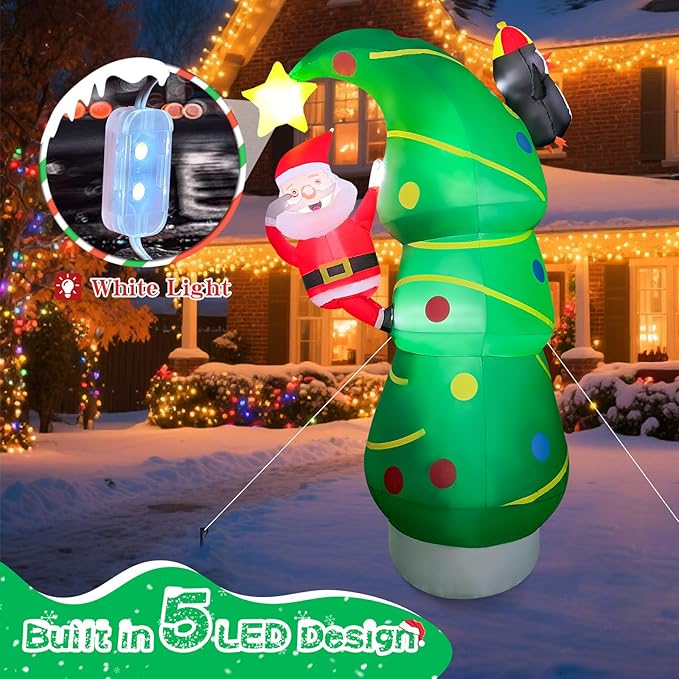 2025 Inflatables Christamas Tree 7FT Christmas Tree Inflatable Outdoor Decor Combined with Santa Penguin Xmas Tree Blow Up Yard Decor with Built-in 5 LEDs for Holiday Party Yard Garden Lawn