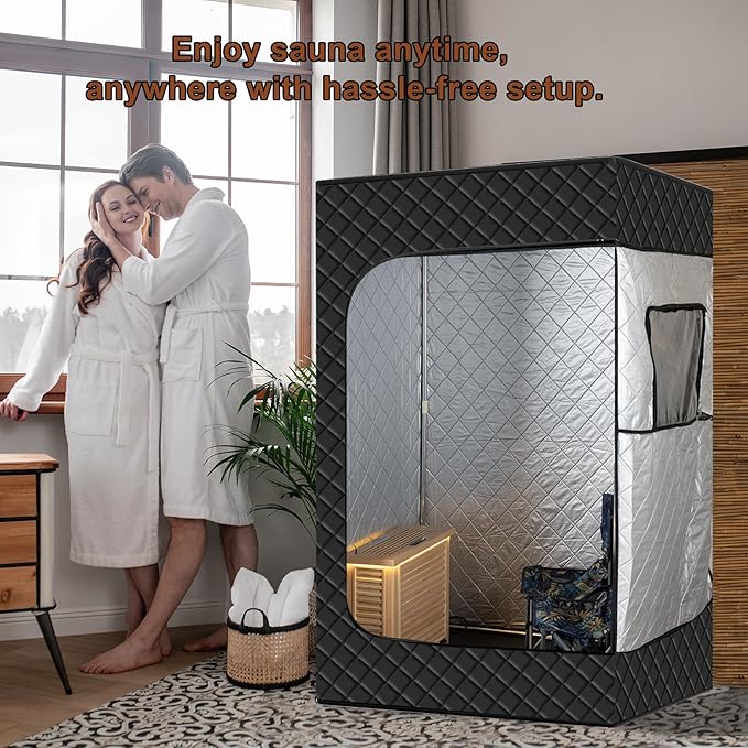 Far Infrared Home Dry Sauna Box 1-2 Person, Portable Personal Full Body Indoor Sauna for Relaxation with 1500W 110V Electric Heater,2 Folding Chair, 47.2 x 35.4 x 70.9 inches Black