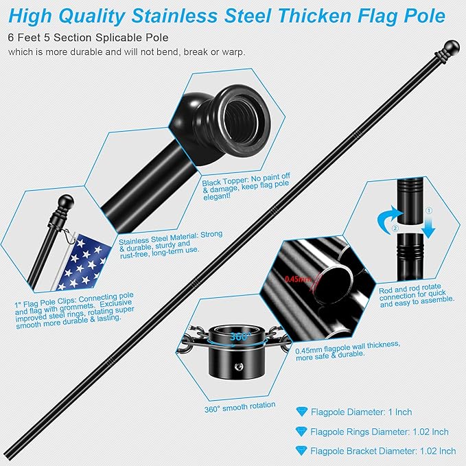 6 FT Flag Poles Kit for House with 2-Position Flagpole Bracket & 360° Rotating Flag Rings, 1 Inch Stainless Steel Spinning Flag Pole, Porch Wall Mounting Metal Flag Pole for 3x5 4x6 Flag (6 FT, Black)