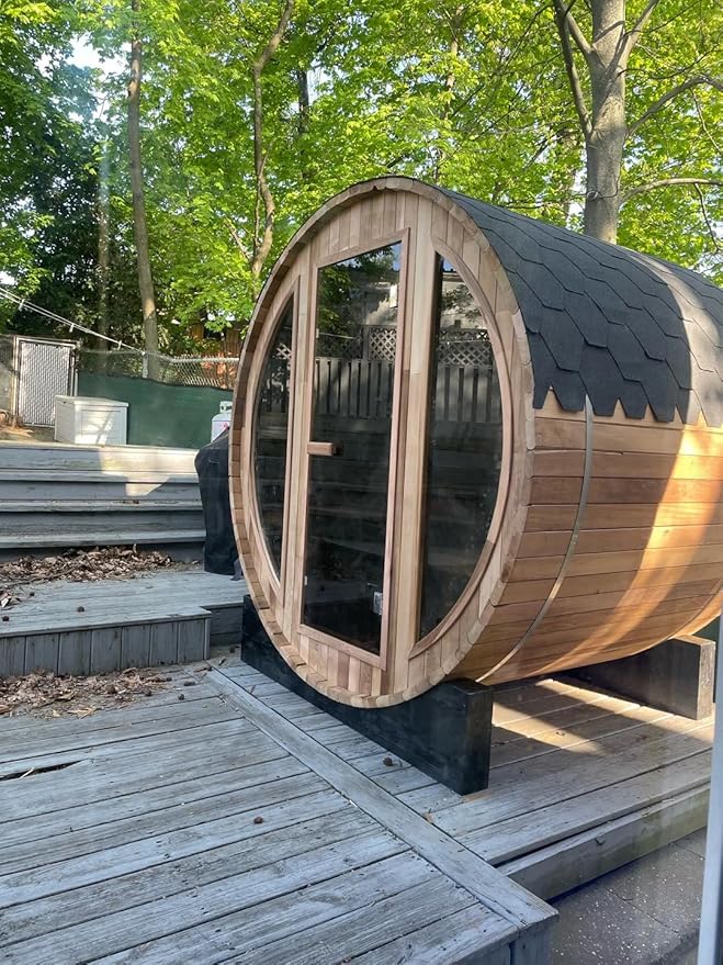 Outdoor Wooden Full Glass Door Barrel Sauna, 4 Person Sauna Room 220V， 6kw ETL Electric Heater， Accessories and Asphalt Shingle Roof (Helmock)