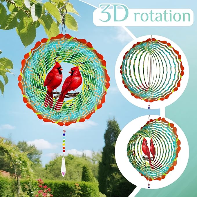 Cardinal Wind Spinner Crystal Tail, Marzovitra 10 inch 3D Stainless Steel Hanging Wind Spinner Metal Wind Catchers Kinetic Sculpture for Indoor,Outdoor Garden Decor,Yard Art