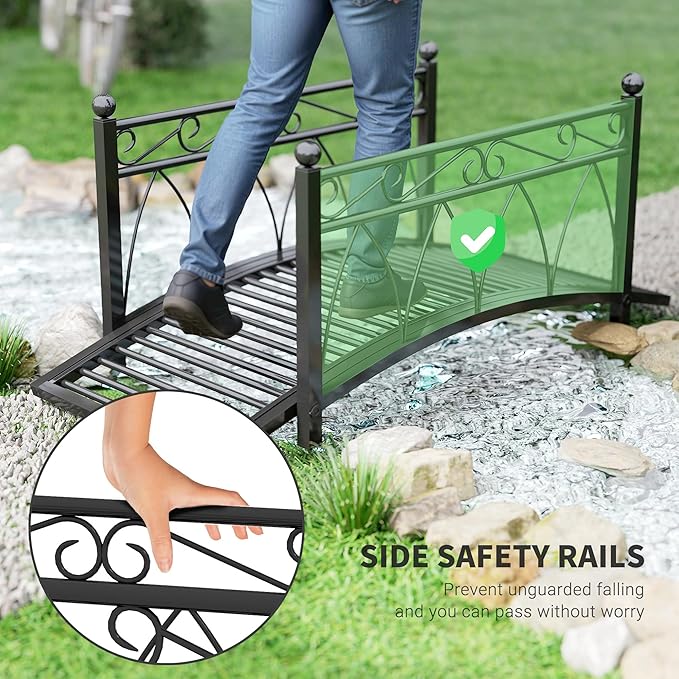 Outsunny 3.3' Metal Arch Zen Garden Bridge with Safety Siderails, Decorative Footbridge, Delicate Scrollwork & Corner Spheres for Stream, Fish Pond, Black