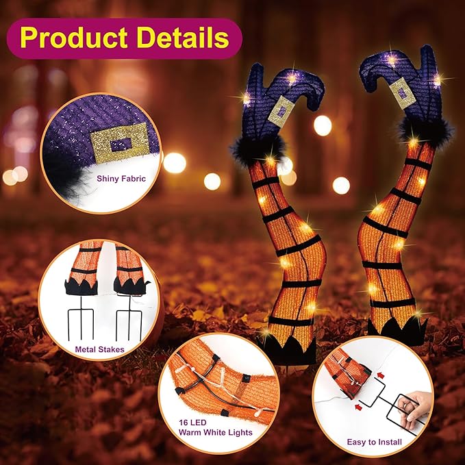 Halloween Lighted Witch Legs with Stakes, 22" Light Up Witch Feet with Timer & 8 Lighting Modes, Battery Operated Witch Decor for Indoor Outdoor Porch Planter Garden Decor(17" Leg+5" Stake)