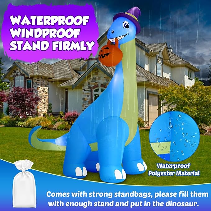 12Ft Giant Halloween Inflatable Decorations Dinosaur, Build-in LEDs & Strong Blower Bite Huge Pumpkin with Witch Hat Large Blow Up Halloween Yard Outdoor Indoor Holiday Party