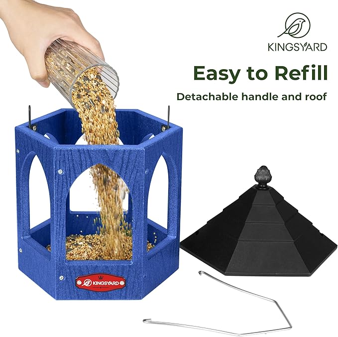 Kingsyard Platform Bird Feeder for Outdoor Hanging - Gazebo Style Recycled Plastic Wild Bird Feeding Station with Rain-Proof Roof & Metal Mesh Tray. Blue