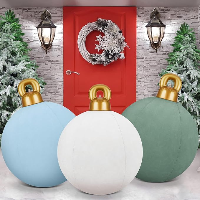 Jetec 3 Pcs 32 Inch Giant Velvet Christmas Inflatable Balls Ornament Flocked Xmas PVC Inflatable Flocked Ball Ornaments for Christmas Holiday Outdoor Blow up Yard Decor(Light Green, White, Gray Blue)