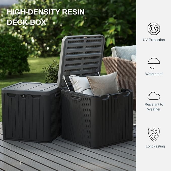 60 Gallon Outdoor Storage Box, Waterproof Patio Deck Box with Lockable Lid, Heavy-Duty HDPE Bench for Garden Tools, Cushions (Black, 60 Gallon)