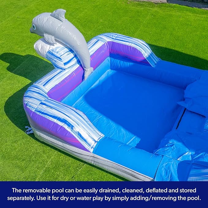 Herokiddo Dolphin 16' Water Slide with Detachable Pool, for Kids and Adults, Commercial Grade, 100% PVC Vinyl, Outdoor Backyard, Summer Fun, Blow Up Inflatable (Blower Included)