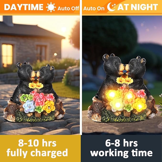 Solar Bear Garden Statues,Waterprrof Bear Outdoor Decor Resin Black Bear Figurine for Yard and Garden,Gifts for Mom, Women