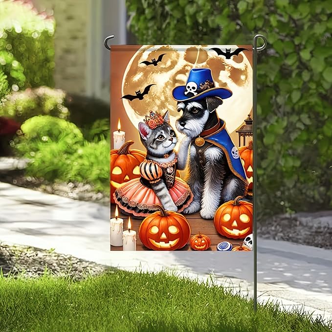 Halloween Garden Flag 12x18 Flag Dog Cat Flag Halloween Schnauzer Cat Fairy Pirate Costumes Pumpkins And Full Moon Cute Welcome Garden Flag Patio Lawn Farmhouse Outdoor Party Supplies