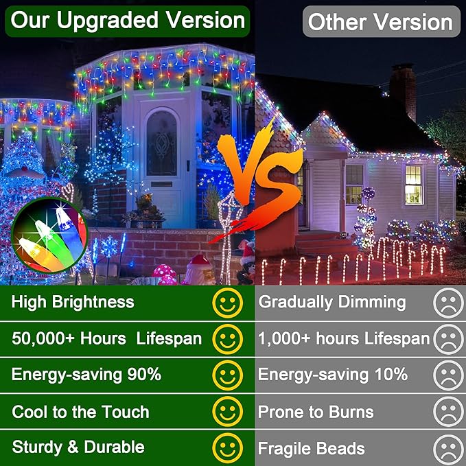 66ft LED Christmas Lights Outdoor with 140 Drops, Christmas Decorations Hanging Lights 490 LED 8 Lighting Modes, Outsite Fairy String Lights for House Xmas Wedding Party Holiday Decoration Multicolor