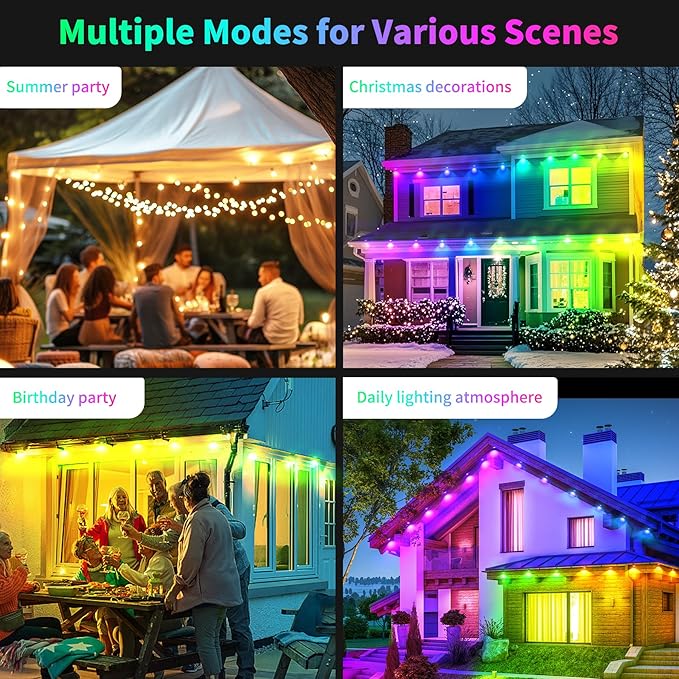 100ft Dynamic Smart RGB LED Permanent String Lights App Remote Color Sync Waterproof Outside House Lights Outdoor Transform Backyard Parties Patio Nights Holiday Magic Festive Glow Instantly