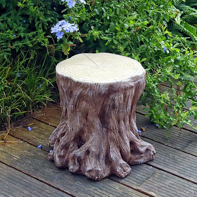 13''H Tree Stump Statue Stool with Faux Wood Grain Finish Magnesium Oxide Stump Sculpture Stump Side Table Garden Pedestals Tree Stump End Table for Indoor/Outdoor Patio Yard Garden Porch Decor