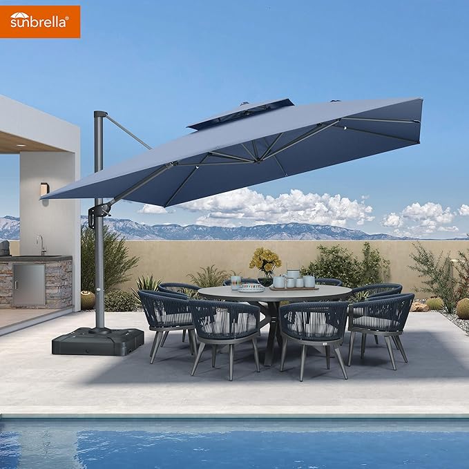 PURPLE LEAF Cantilever Umbrella with Base Included 12FT Outdoor Square Double Top Large Offset Hanging 360° Rotation Heavy Duty Umbrella for Garden Patio Deck Pool Spectrum Denim
