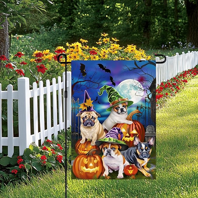 Double Sided 12x18 Inch Halloween Garden Flag, Scary Pumpkin Pug Bat Haunted House Outdoor Decoration, Halloween Trick or Treat Dog Garden Flag for Outdoor Yard Lawn Decoration