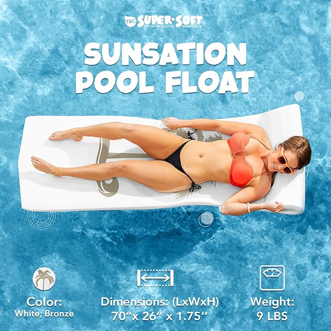 TRC Recreation Sunsation Vinyl Coated Foam Swimming Pool Float Mat Adult Lounger with Built-in Roll Pillow