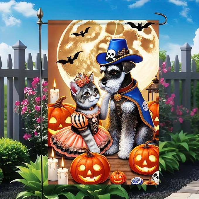 Halloween Garden Flag 12x18 Flag Dog Cat Flag Halloween Schnauzer Cat Fairy Pirate Costumes Pumpkins And Full Moon Cute Welcome Garden Flag Patio Lawn Farmhouse Outdoor Party Supplies