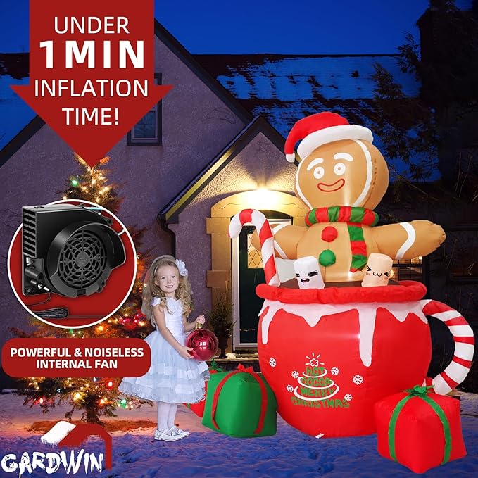 Gardwin 6ft Gingerbread Christmas Inflatable Outdoor Decoration, Christmas Outdoor Decoration Blow up Gingerbread Mug Yard Decorations Clearance with Built-in LEDs for Indoor Garden Lawn Party Decor
