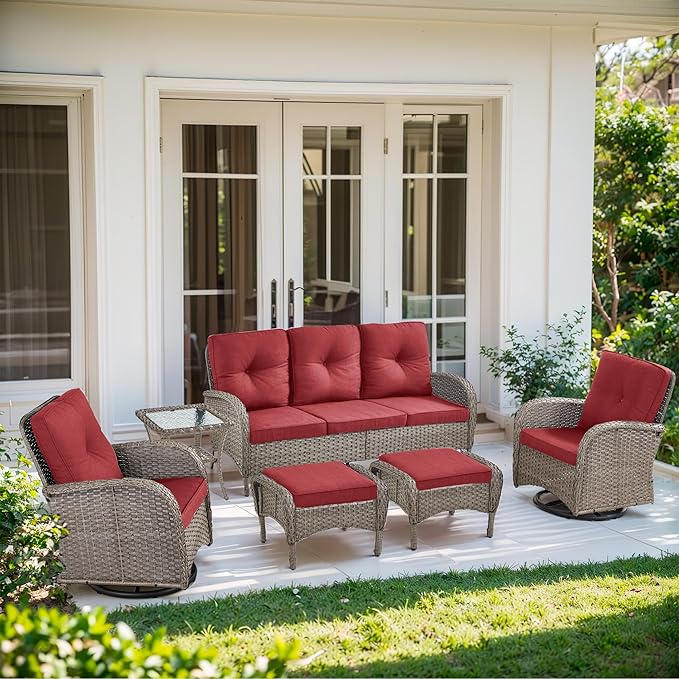 6 Piece Patio Furniture Set - Wicker Patio Conversation Set with Swivel Glider, 3-Seater Sofa, Tempered Glass Side Table and 2 Ottomans for Deck Backyard - Grey Wicker Red Cushion