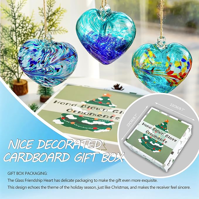 Set of 3 Handmade Glass Heart Ornaments 3.9 Inch Blue Friendship Heart Decor for Garden Home Centerpiece
