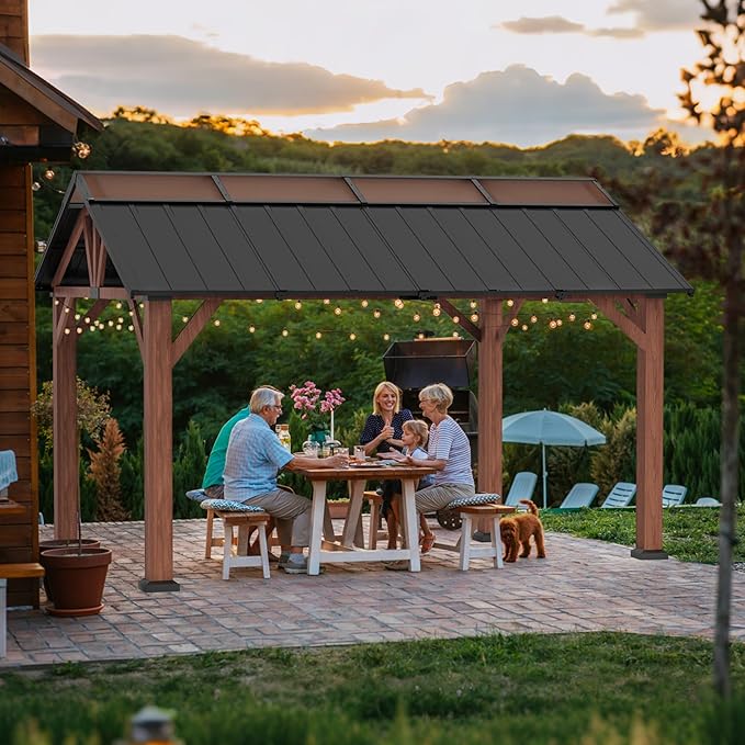 Macrout 11'x13' Hardtop Gazebo with Gabel Roof Canopy and Aluminium Frame, Outdoor Grill Gazebo Pergola for Patio, Backyard and Party, 4944 (Gable Roof + Brown Frame, 11'x13')