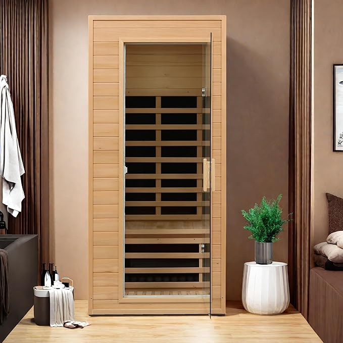 Infrared Sauna for Home Single Person Hemlock Far Infrared Roof Embedded Indoor Sauna for Home with Bluetooth & LED, Natural
