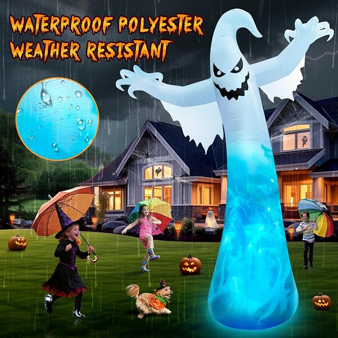 12FT Giant Halloween Inflatables Ghost with 3-Colored Flame Rotation LED Lights, Huge Spooky Halloween Decoration Outdoor Large Halloween Blow Up Yard Decorations Tall Blow-ups for Lawn Party (1PCS)
